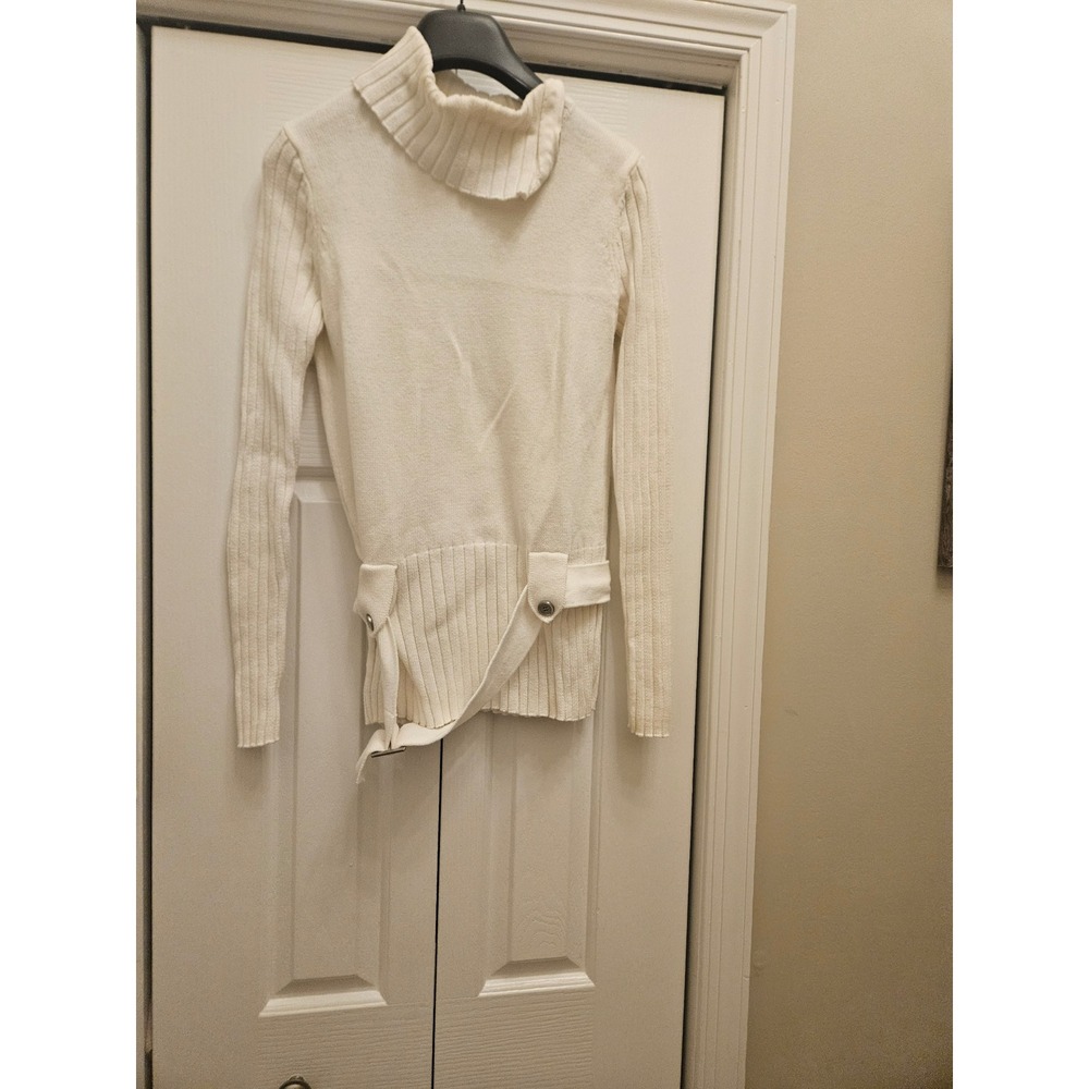 W by Worth Women Cream Ribbed Turtleneck Sweater Belted Waist Size XP